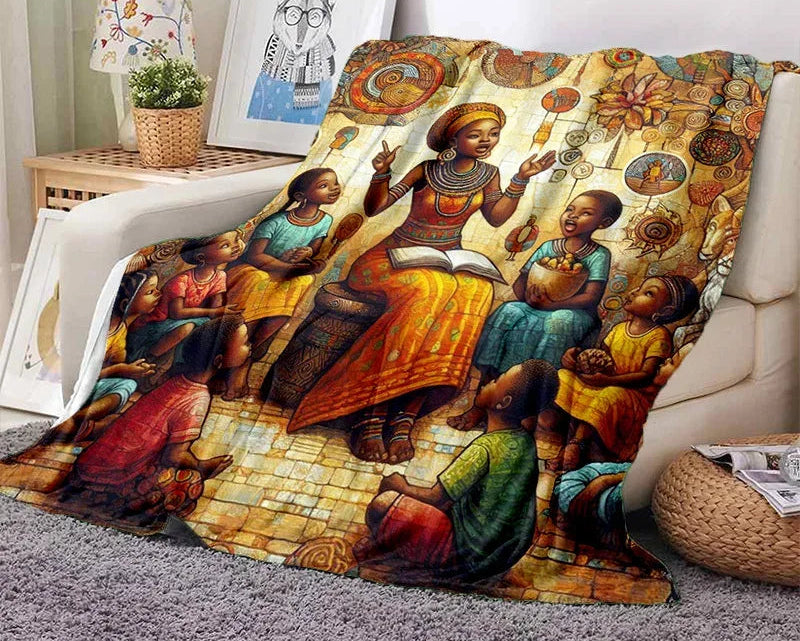 Cartoon Africa Ethiopian Custom Painting Flannel Blanket - Glow by Hellen African and Boho Jewelry African Home Decor Cultural Accessories
